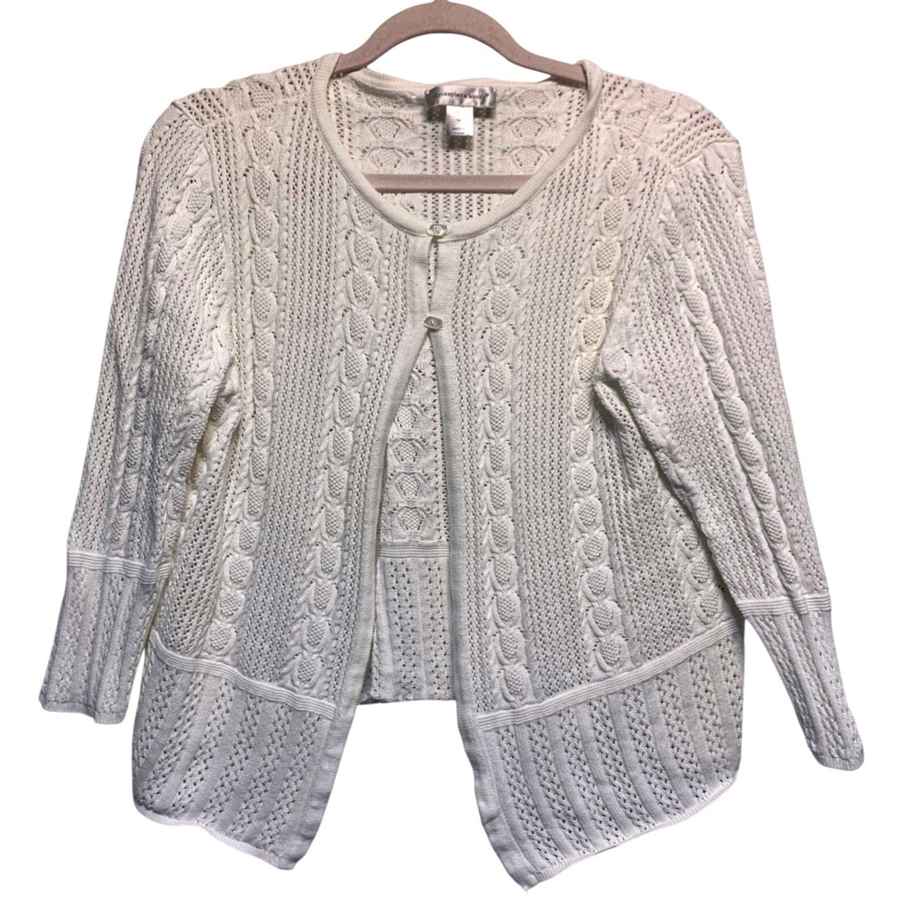 Christopher & Banks Cardigan Size M White Soft Girl Coastal Cable Pointelle Knit